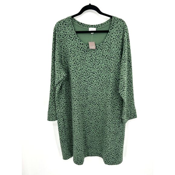 NWT J. JILL Green Black Spotted Long Sleeve Relaxed Fit Round Neck Dress Size 2X - Picture 4 of 10